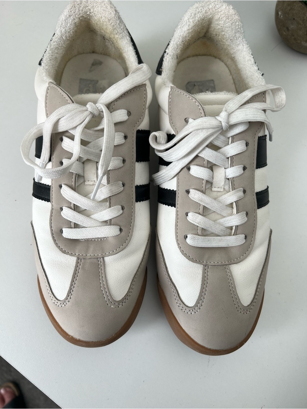 DOLCE VITA- Woman’s Casual White & Taupe Leather Sneakers with Black Stripes